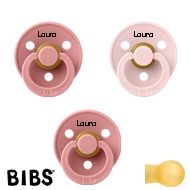 BIBS Colour Schnuller mit Namen, Gr. 1, 2 Dusty Pink, 1 Blossom, Rund Latex, (3er Pack)